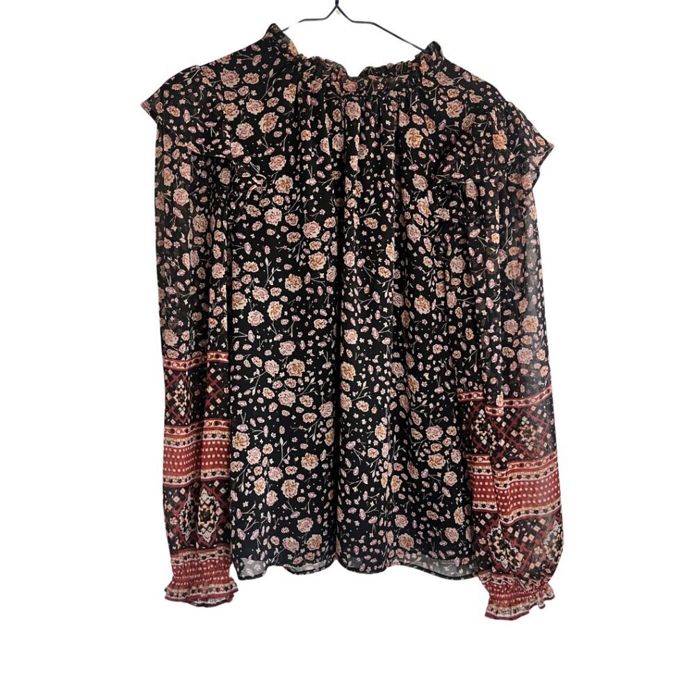Rachel Zoe Black Metallic Floral Boho Puff Sleeve High Neck Relaxed Blouse
